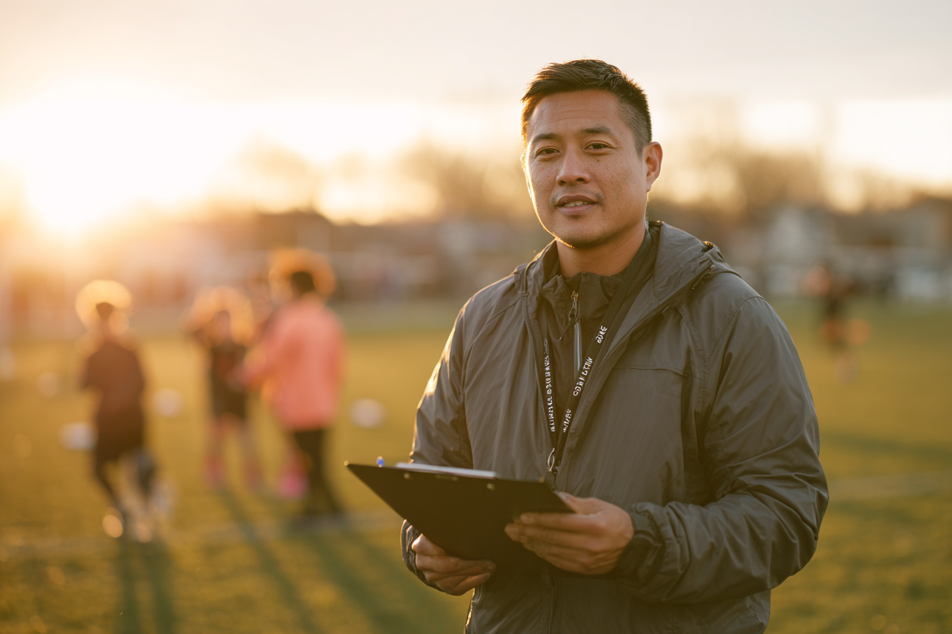 Youth soccer coach organizing volunteers on the sideline before a game