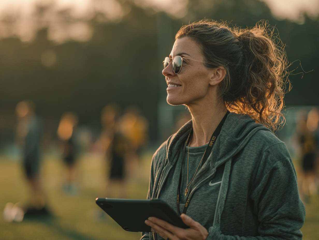 Coach reviewing a tablet on youth soccer sidelines with parents in the background