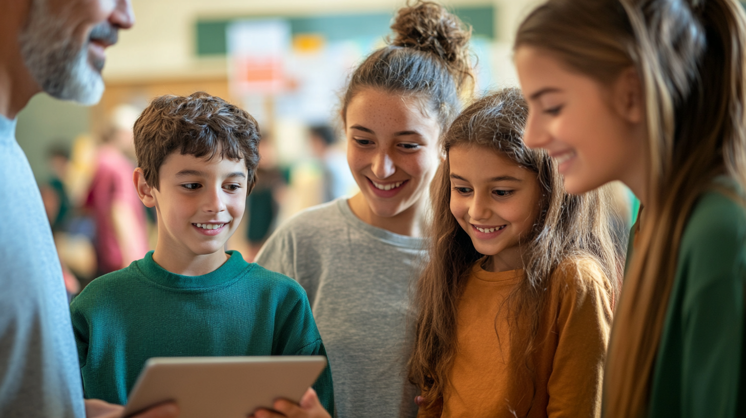 Family checking in at a school carnival with a QR code on tablet