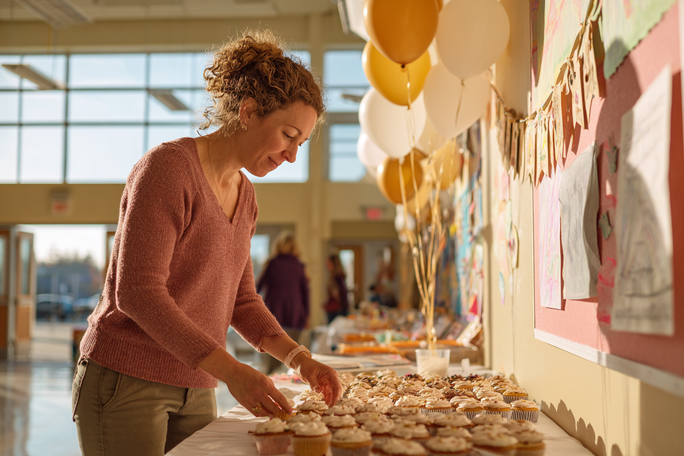 Room parent coordinating with families at a classroom party setup