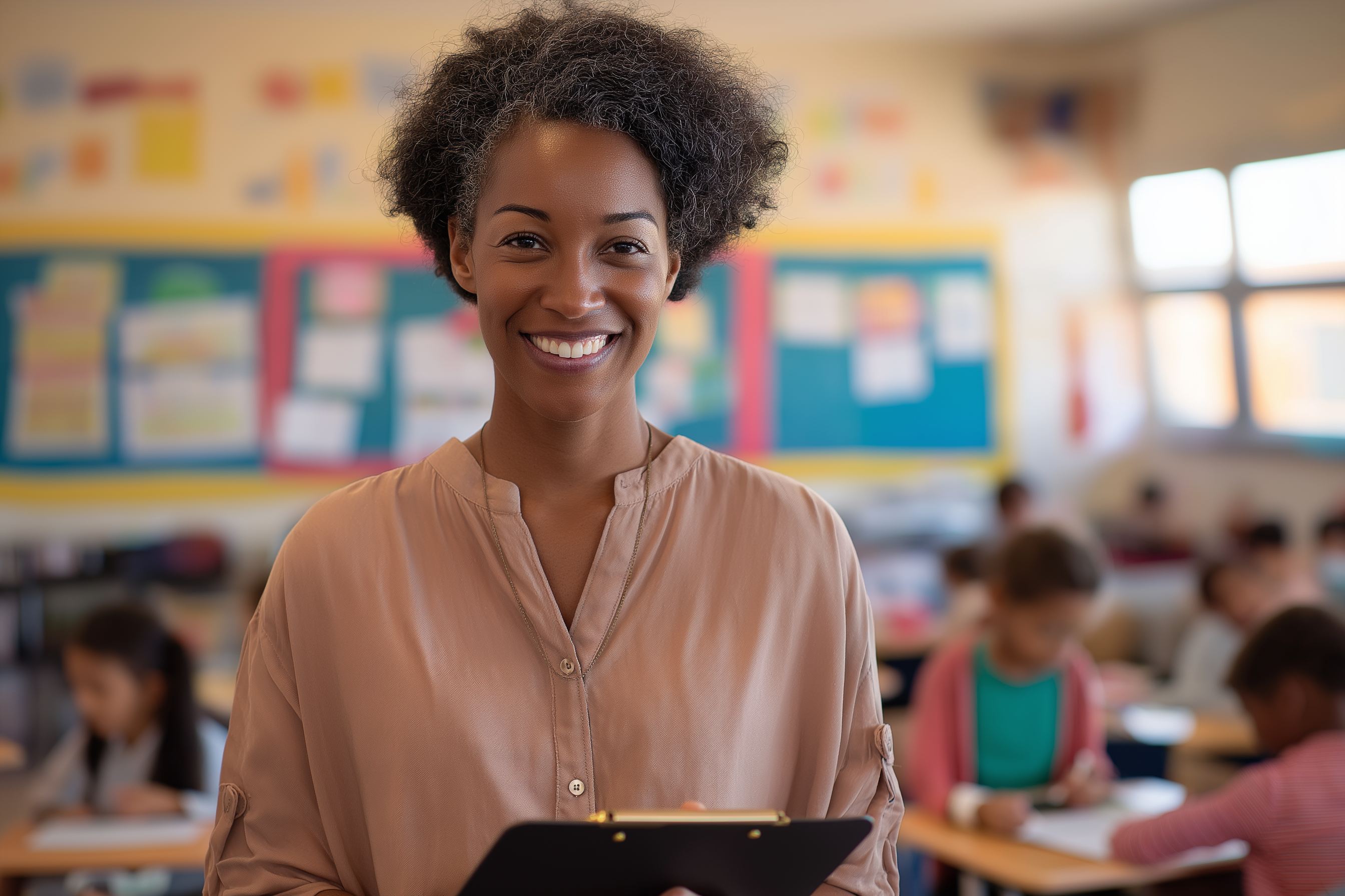 Teacher reviewing a classroom roster on a tablet at her desk